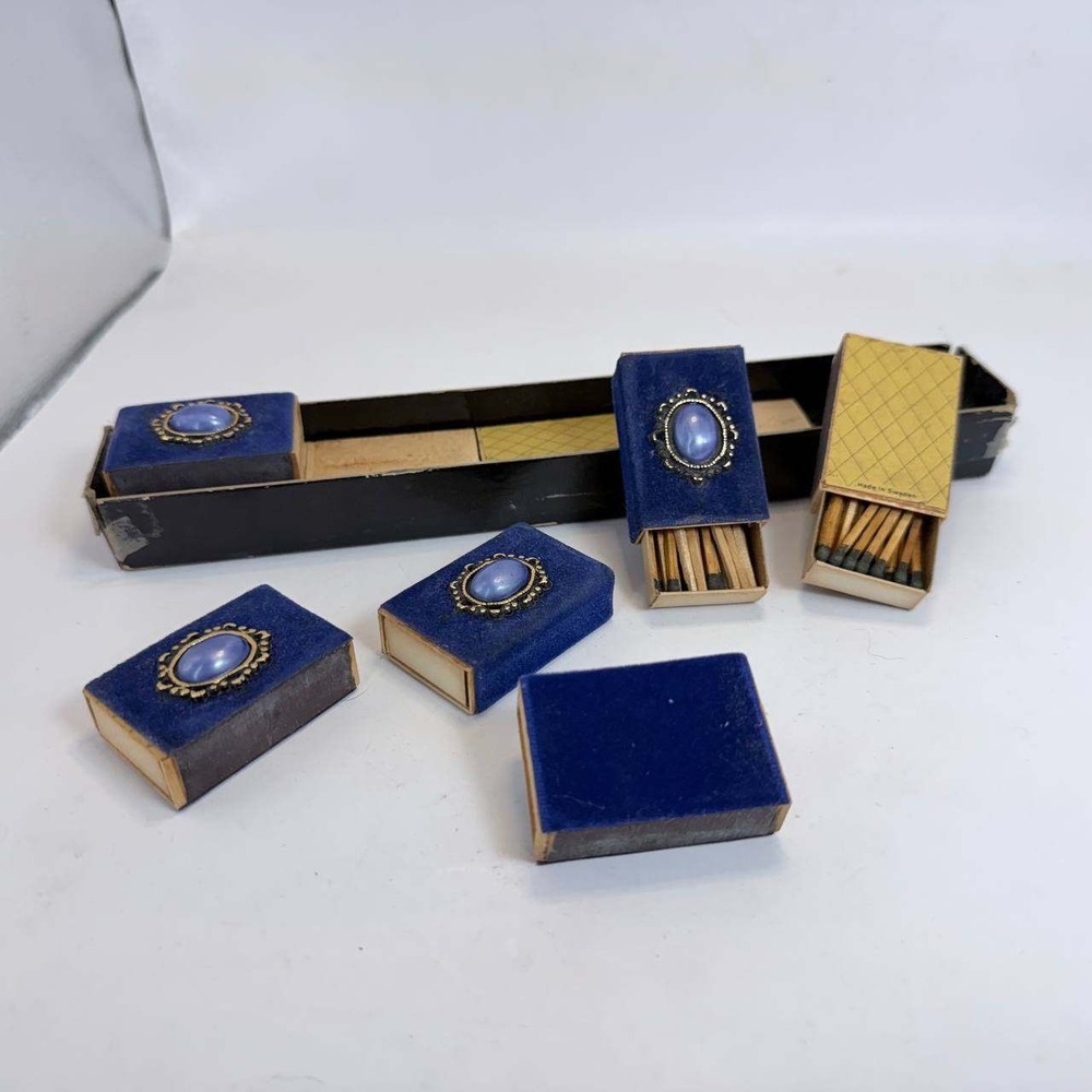 Vintage Velvet Matchbox Set 6pc Blue Cabochon Made in Sweden Mid Century Modern